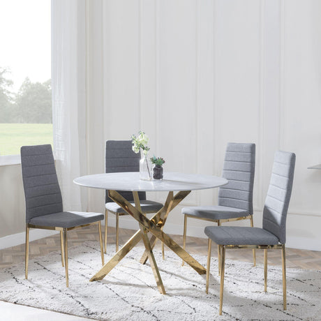 Chopstick Blue Glass and Gold Metal 4 Seater Round Dining Set - 4 Lido Dark Grey Fabric Chairs with Gold Legs-5