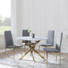 Chopstick Blue Glass and Gold Metal 4 Seater Round Dining Set - 4 Lido Dark Grey Fabric Chairs with Gold Legs-5