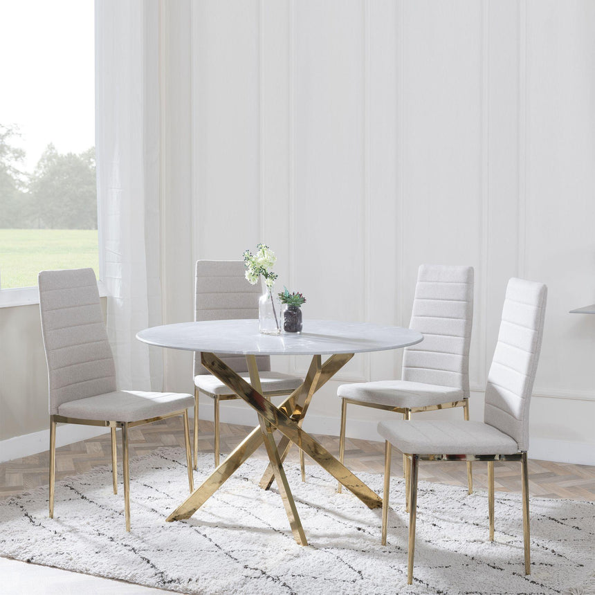 Chopstick Blue Glass and Gold Metal 4 Seater Round Dining Set - 4 Lido Sand Fabric Chairs with Gold Legs-3