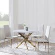Clearance - Chopstick Grey Glass and Gold Metal 4 Seater Round Dining Set - 4 Lido Sand Fabric Chairs with Gold Legs