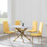 Chopstick Blue Glass and Gold Metal 4 Seater Round Dining Set - 4 Lido Yellow Fabric Chairs with Gold Legs