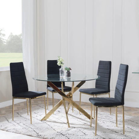 Chopstick Clear Glass and Gold Metal 4 Seater Round Dining Set - 4 Lido Black Fabric Chairs with Gold Legs