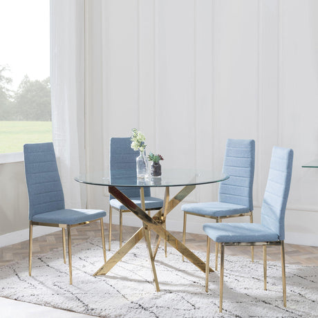 Chopstick Clear Glass and Gold Metal 4 Seater Round Dining Set - 4 Lido Blue Fabric Chairs with Gold Legs-3