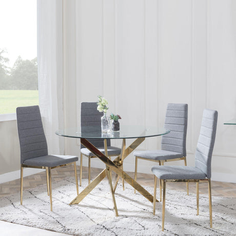 Chopstick Clear Glass and Gold Metal 4 Seater Round Dining Set - 4 Lido Dark Grey Fabric Chairs with Gold Legs-5