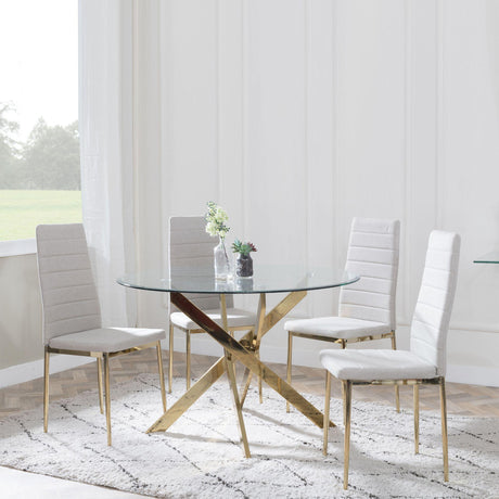 Chopstick Clear Glass and Gold Metal 4 Seater Round Dining Set - 4 Lido Sand Fabric Chairs with Gold Legs-4