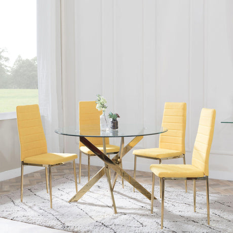 Chopstick Clear Glass and Gold Metal 4 Seater Round Dining Set - 4 Lido Yellow Fabric Chairs with Gold Legs-2