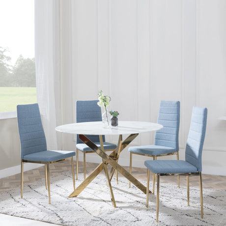 Chopstick White Glass and Gold Metal 4 Seater Round Dining Set - 4 Lido Blue Fabric Chairs with Gold Legs