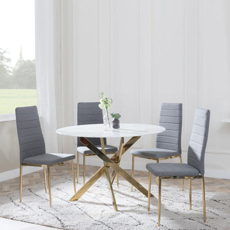 Chopstick White Glass and Gold Metal 4 Seater Round Dining Set - 4 Lido Dark Grey Fabric Chairs with Gold Legs-4