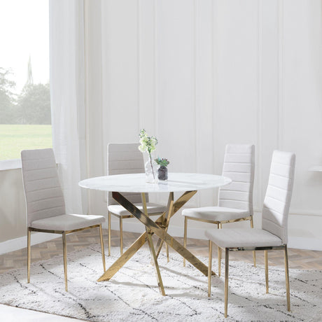 Chopstick White Glass and Gold Metal 4 Seater Round Dining Set - 4 Lido Sand Fabric Chairs with Gold Legs-2
