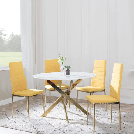 Chopstick White Glass and Gold Metal 4 Seater Round Dining Set - 4 Lido Yellow Fabric Chairs with Gold Legs-5