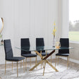 Chopstick Clear Glass and Gold Metal Dining Set - Lido Black Fabric Chairs with Gold Legs