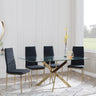 Chopstick Clear Glass and Gold Metal Dining Set - Lido Black Fabric Chairs with Gold Legs