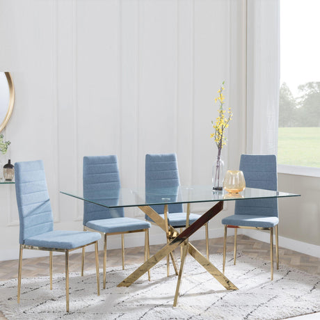 Chopstick Clear Glass and Gold Metal Dining Set - Lido Blue Fabric Chairs with Gold Legs-3