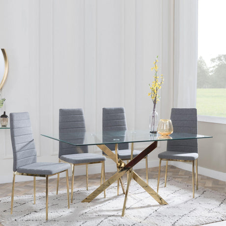 Chopstick Clear Glass and Gold Metal Dining Set - Lido Dark Grey Fabric Chairs with Gold Legs-5