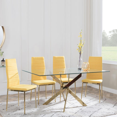 Chopstick Clear Glass and Gold Metal Dining Set - Lido Yellow Fabric Chairs with Gold Legs-2