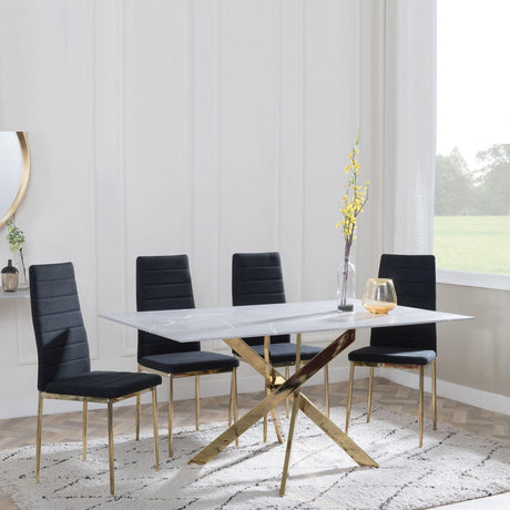 Chopstick Grey Glass and Gold Metal Dining Set - Lido Black Fabric Chairs with Gold Legs-4