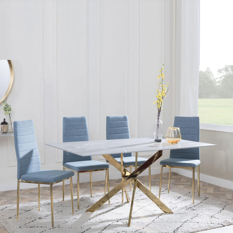 Chopstick Grey Glass and Gold Metal Dining Set - Lido Blue Fabric Chairs with Gold Legs-2