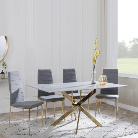 Chopstick Grey Glass and Gold Metal Dining Set - Lido Dark Grey Fabric Chairs with Gold Legs-5
