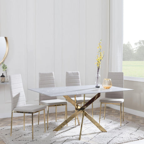 Chopstick Grey Glass and Gold Metal Dining Set - Lido Sand Fabric Chairs with Gold Legs-3
