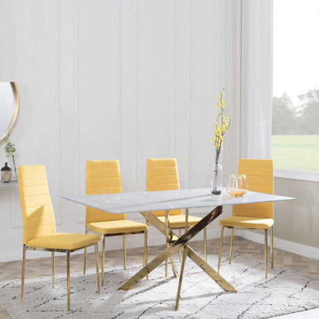 Chopstick Grey Glass and Gold Metal Dining Set - Lido Yellow Fabric Chairs with Gold Legs