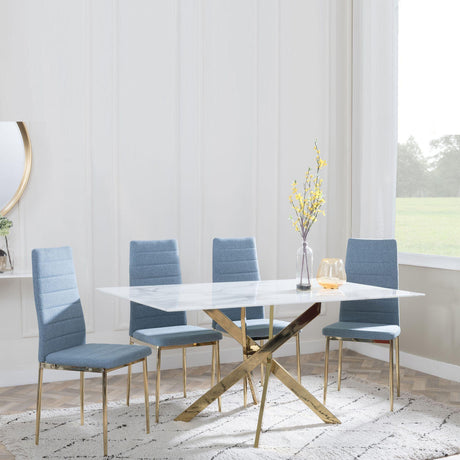 Chopstick White Glass and Gold Metal Dining Set - Lido Blue Fabric Chairs with Gold Legs