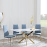Chopstick White Glass and Gold Metal Dining Set - Lido Blue Fabric Chairs with Gold Legs