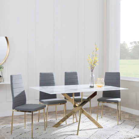 Chopstick White Glass and Gold Metal Dining Set - Lido Dark Grey Fabric Chairs with Gold Legs-4