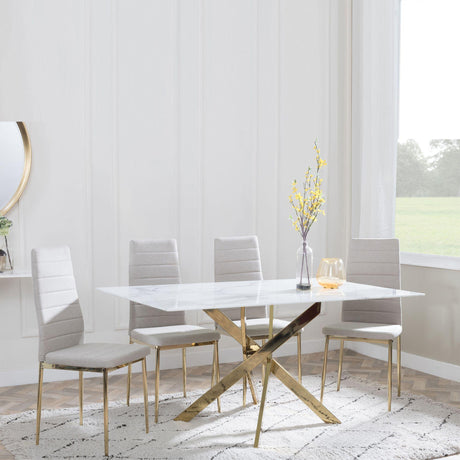 Chopstick White Glass and Gold Metal Dining Set - Lido Sand Fabric Chairs with Gold Legs-2
