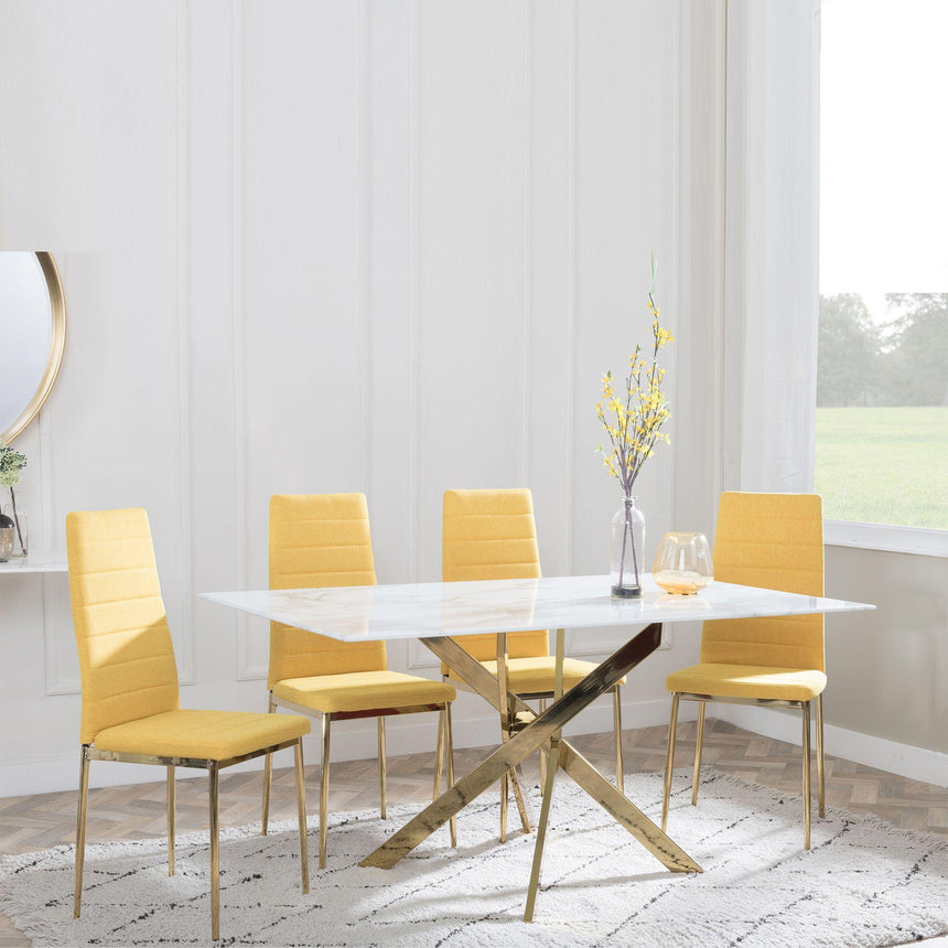 Chopstick White Glass and Gold Metal Dining Set - Lido Yellow Fabric Chairs with Gold Legs-5