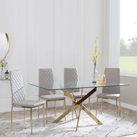 Chopstick Clear Glass and Gold Metal Dining Set - Metro Beige Fabric Chairs with Gold Legs-5