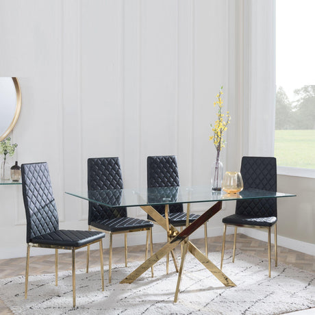 Chopstick Clear Glass and Gold Metal Dining Set - Metro Black Fabric Chairs with Gold Legs-3