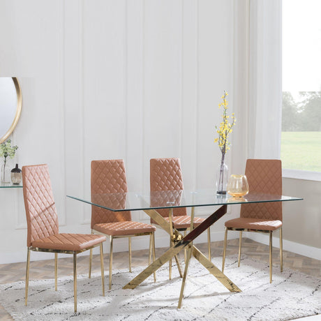 Chopstick Clear Glass and Gold Metal Dining Set - Metro Burnt Orange Fabric Chairs with Gold Legs