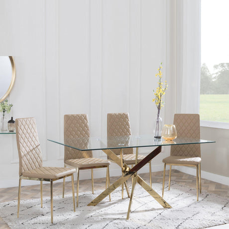 Chopstick Clear Glass and Gold Metal Dining Set - Metro Cappuccino Fabric Chairs with Gold Legs-6