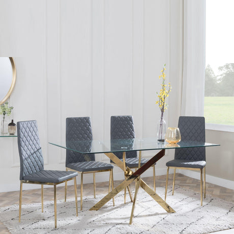 Chopstick Clear Glass and Gold Metal Dining Set - Metro Grey Fabric Chairs with Gold Legs-2