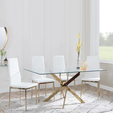 Chopstick Clear Glass and Gold Metal Dining Set - Metro White Fabric Chairs with Gold Legs-4