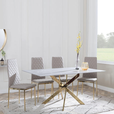 Chopstick Grey Glass and Gold Metal Dining Set - Metro Beige Fabric Chairs with Gold Legs-4