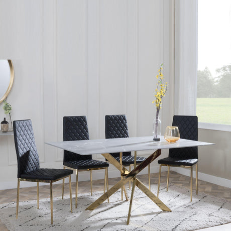 Chopstick Grey Glass and Gold Metal Dining Set - Metro Black Fabric Chairs with Gold Legs-3