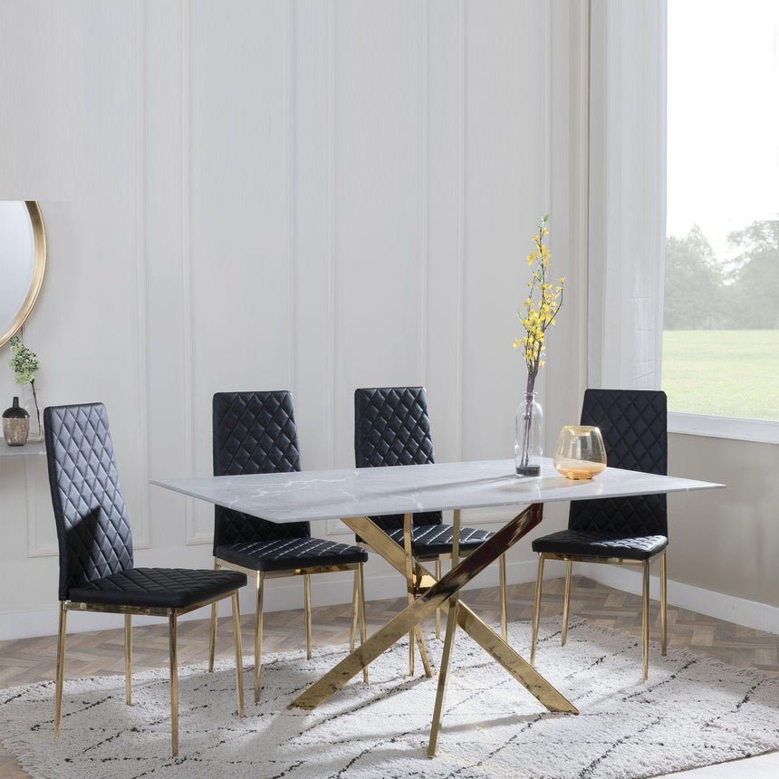 Chopstick Grey Glass and Gold Metal Dining Set - Metro Black Fabric Chairs with Gold Legs-3