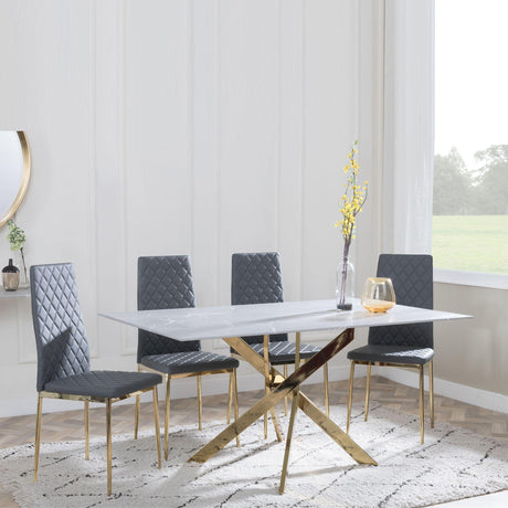 Chopstick Grey Glass and Gold Metal Dining Set - Metro Grey Fabric Chairs with Gold Legs-2