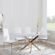 Chopstick Grey Glass and Gold Metal Dining Set - Metro White Fabric Chairs with Gold Legs