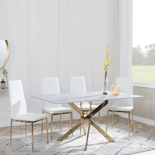 Chopstick Grey Glass and Gold Metal Dining Set - Metro White Fabric Chairs with Gold Legs