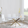Chopstick Grey Glass and Gold Metal Dining Set - Metro White Fabric Chairs with Gold Legs