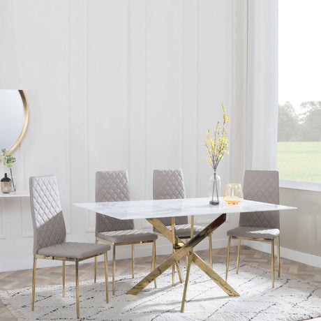 Chopstick White Glass and Gold Metal Dining Set - Metro Beige Fabric Chairs with Gold Legs-4