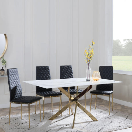 Chopstick White Glass and Gold Metal Dining Set - Metro Black Fabric Chairs with Gold Legs-2