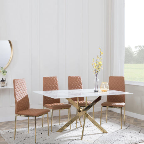 Chopstick White Glass and Gold Metal Dining Set - Metro Burnt Orange Fabric Chairs with Gold Legs-6