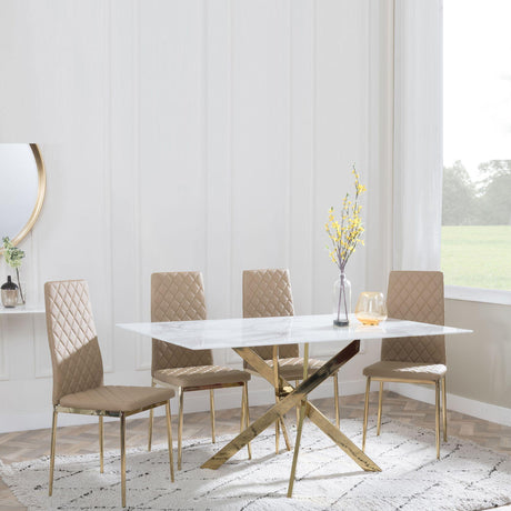 Chopstick White Glass and Gold Metal Dining Set - Metro Cappuccino Fabric Chairs with Gold Legs-5