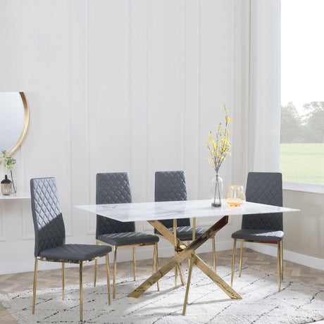 Chopstick White Glass and Gold Metal Dining Set - Metro Grey Fabric Chairs with Gold Legs