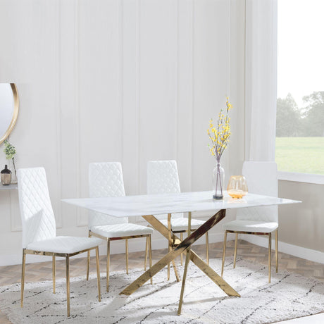 Chopstick White Glass and Gold Metal Dining Set - Metro White Fabric Chairs with Gold Legs-3