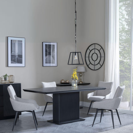 Morgan Black Ceramic Fluted Dining Set - Ace Beige Fabric Swivel Dining Chair-2