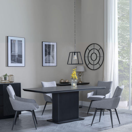 Morgan Black Ceramic Fluted Dining Set - Ace Grey Fabric Swivel Dining Chair